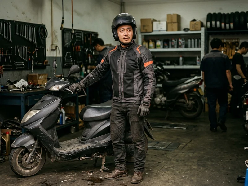 City rider in a lightweight urban mesh motorcycle jacket beside a scooter