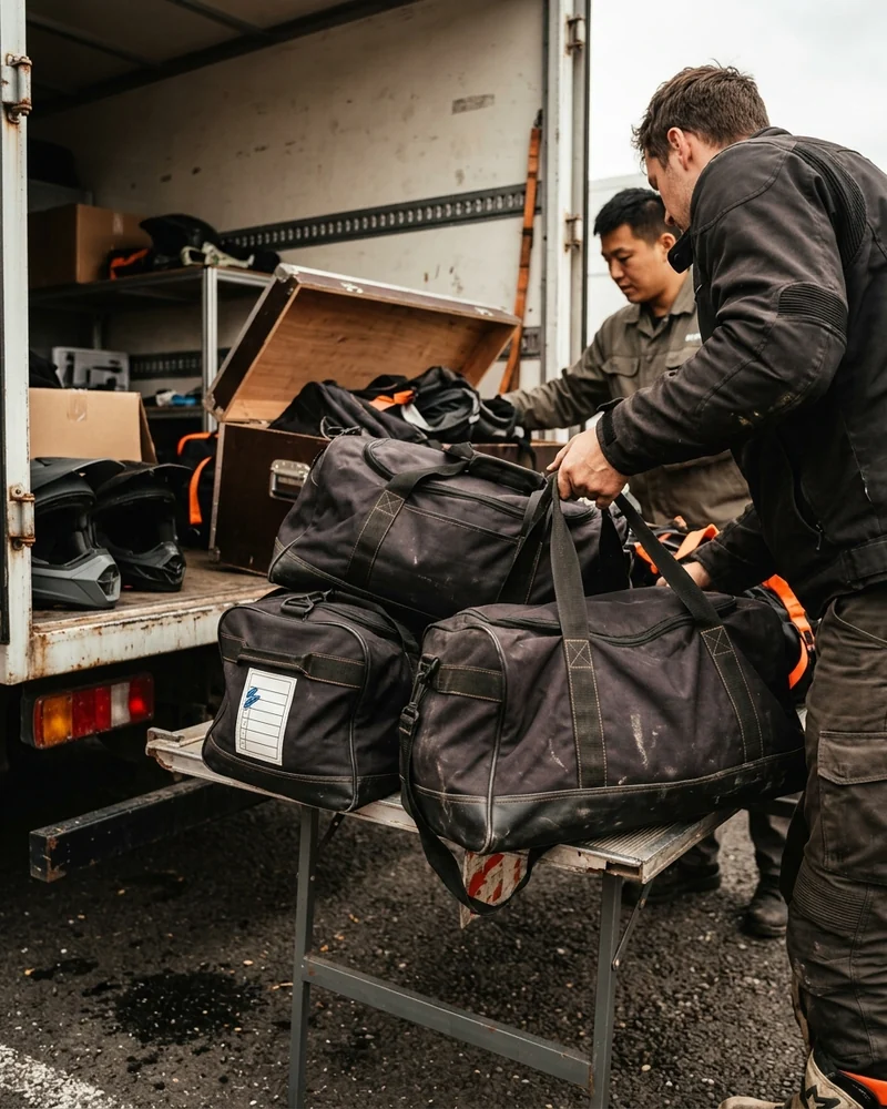 Team box opened at the truck with bags stacked by rider