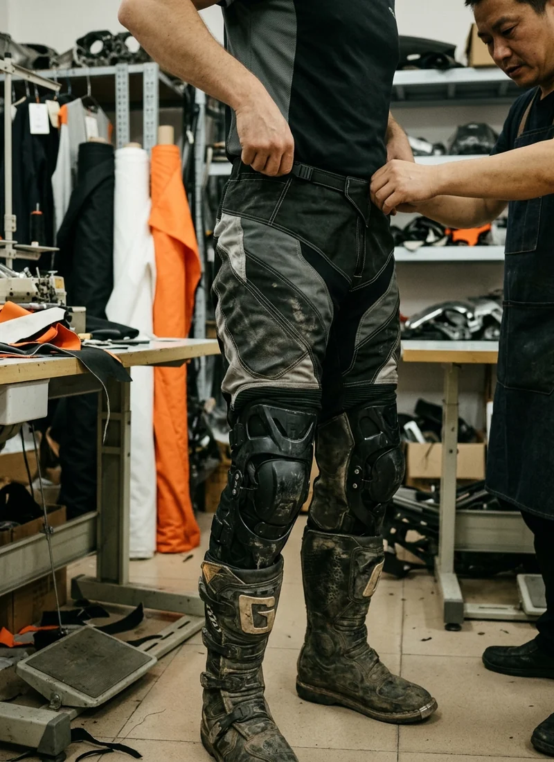 Rider trying the size-run pants on over knee braces and boots