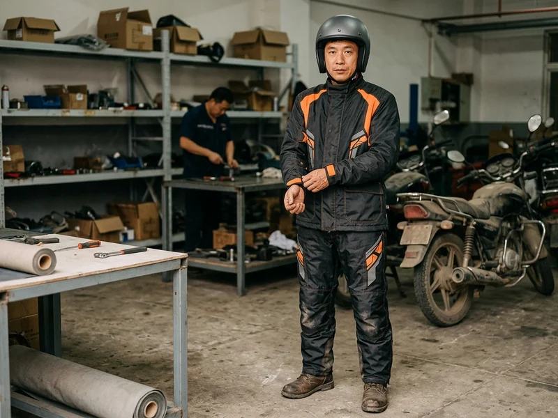 Separate motorcycle rain jacket and rain pants laid out as a set
