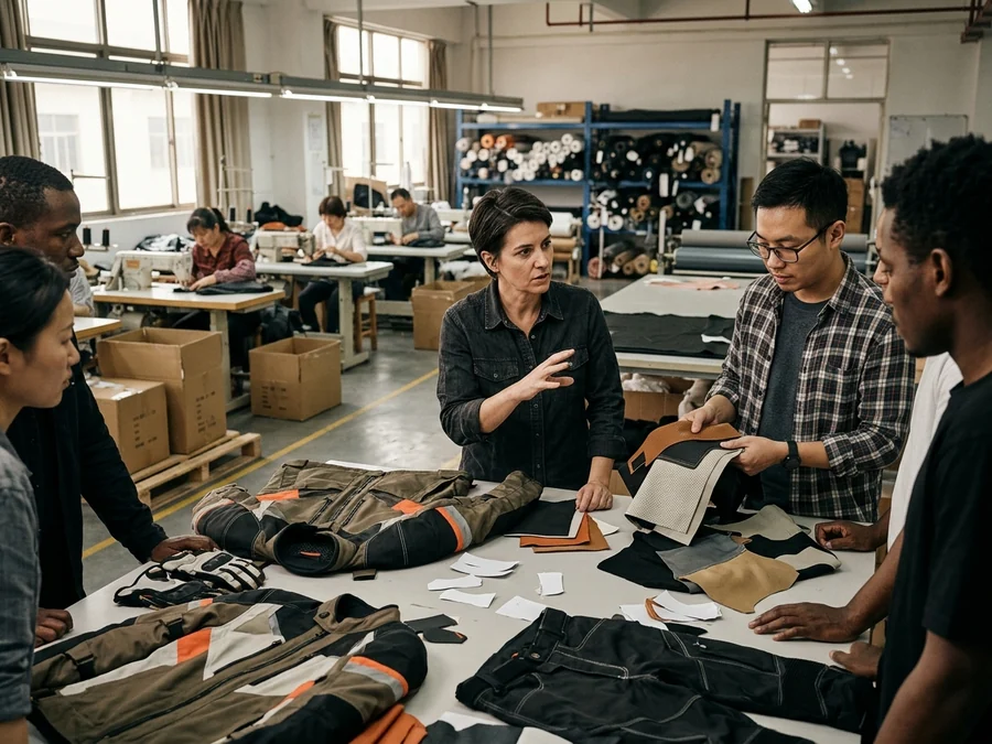 Brand team reviewing samples that must stay consistent across seasons