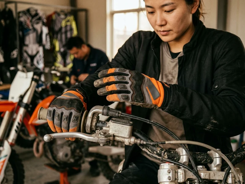 Pair of women’s motocross gloves on a dirt bike handlebar