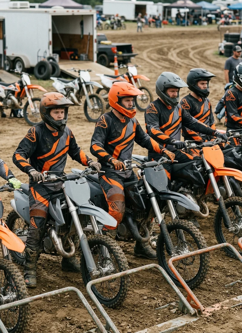 Youth and adult riders of the same club on the gate in one design