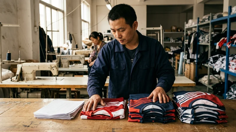 Inspector checking the first youth jersey of each size against the size sheet